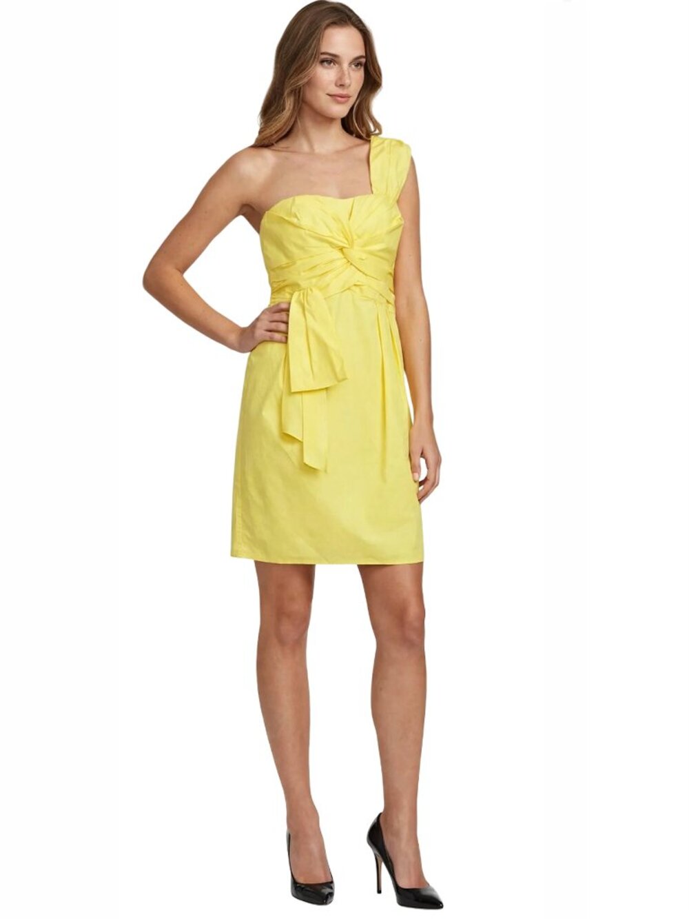 Nanette Lepore Cocktail Dress Cotton Y2K Yellow Ruched Draped One Shoulder Mini